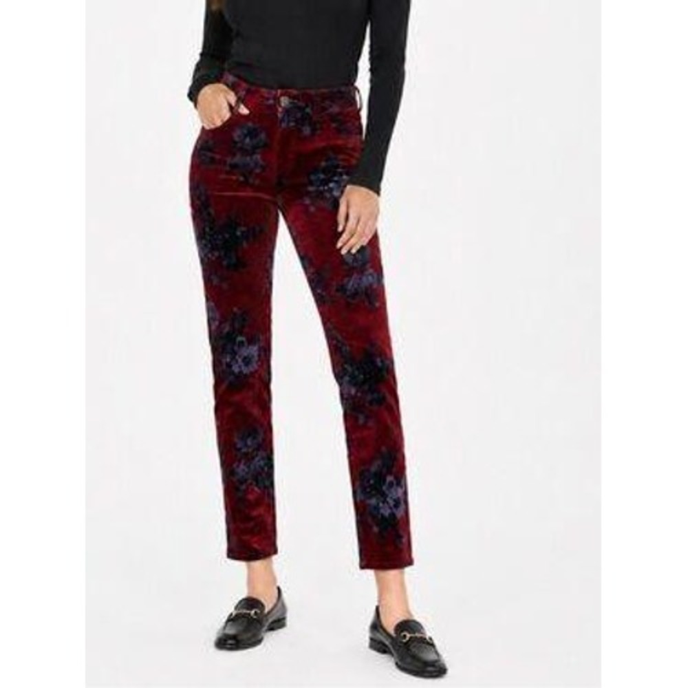 Free People Velvet Floral Pants Burgundy Navy Whimsigoth Butterfly Print LG 31